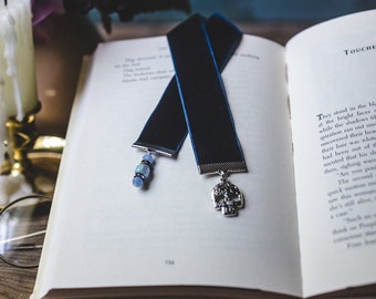 Skull Bookmark: Dark Blue Velvet Ribbon, Gothic Reader Gift