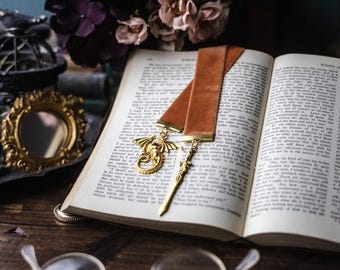 Dragon Charmed Bookmark: Burnt Orange Velvet Ribbon, Gold Sword