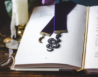 Celestial Snake Bookmark, Dark Purple Velvet Ribbon Bookmark, Book Accessory, Celestial Bookmark,  Snake Bookmark, Reader Gift