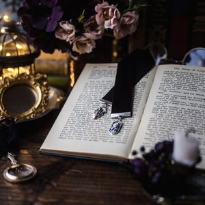 Edgar Allan Poe Bookmark: Black Velvet Ribbon, Heart and Crow Charm