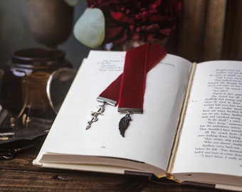 Oraya and Raihn Dark Red Velvet Ribbon Bookmark: Wing and Serpent Charms