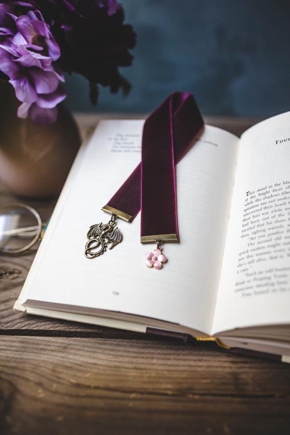 Abraxos Burgundy Velvet Ribbon Bookmark: Dragon and Flower Charms