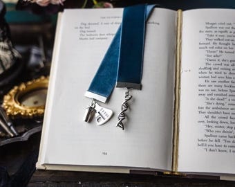 The Love Hypothesis Inspired Bookmark: Blue Velvet Ribbon with DNA charm and coffee cup and beaker.