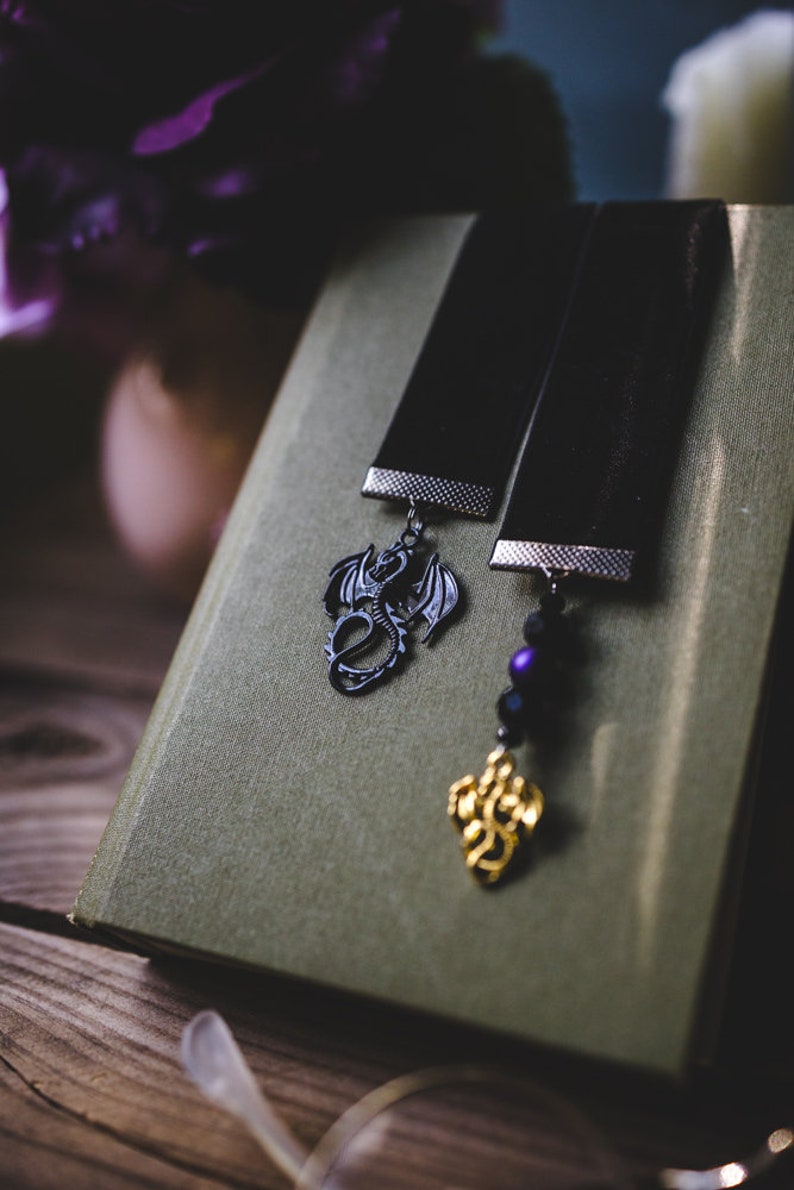 Tairn and Andarna, Black Velvet Ribbon Bookmark, Bookish Gift, Booklover Gift, Velvet Bookmark, Charmed Bookmark, Fourth Wing, Dragons image 10