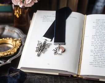 Whimsigoth Dark Blue Velvet Ribbon Bookmark: Skeleton with Wings Butterfly and Moon Charm