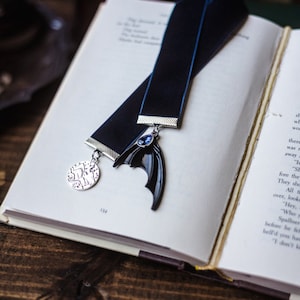 Azriel ACOTAR Bookmark: Dark Blue Velvet Ribbon with Bat Wing Charm