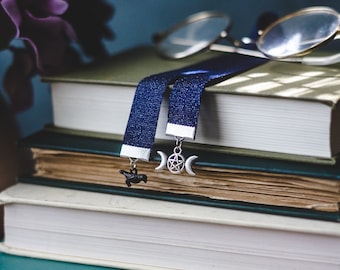 Witchy Ribbon Bookmark: Raven & Triple Moon Charm