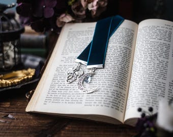 When the Moon Hatched, Dark Teal Velvet Bookmark: Silver Dragon and Moon Charm