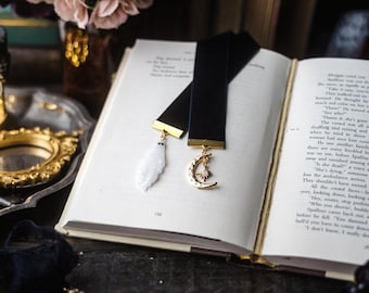 Ghost Bookmark: Dark Blue Velvet Ribbon with Moon & Star Charms