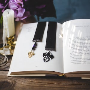 Tairn and Andarna, Black Velvet Ribbon Bookmark, Bookish Gift, Booklover Gift, Velvet Bookmark, Charmed Bookmark, Fourth Wing, Dragons image 1