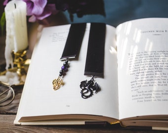 Tairn and Andarna, Black Velvet Ribbon Bookmark, Bookish Gift, Booklover Gift, Velvet Bookmark, Charmed Bookmark, Fourth Wing, Dragons