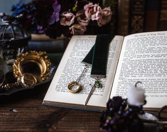 Fantasy Bookmark, Dark Green Velvet Ribbon, Ring, Sword, and Leaf