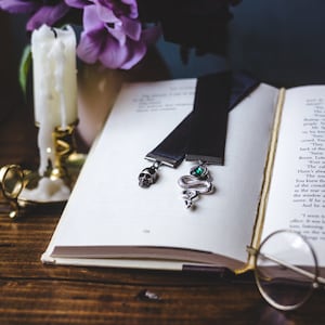 High Reeve Draco, Snake Bookmark: Black Velvet Ribbon, Silver Snake and Skull Charms
