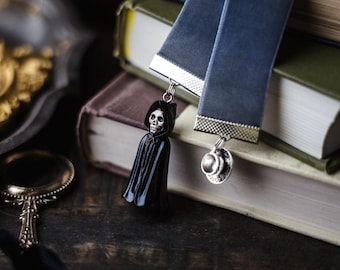 The Suriel Velvet Ribbon Bookmark: Tea Cup and Cloaked Skeletal Figure Charms, Bookish Gift