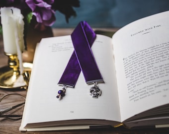 Skull Bookmark: Plum Velvet Ribbon, Gothic Reader Gift
