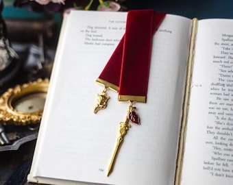 Lucien Vanserra Inspired Velvet Bookmark: Gold Fox, Sword, and Leaf