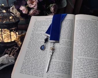 Dorian, Throne of Glass Inspired Blue Velvet Ribbon Bookmark: Sword and Crown Charm