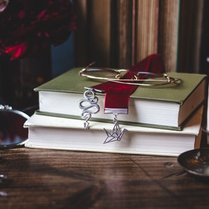 Manacled Dark Red Velvet Ribbon Bookmark: Silver Snake and Origami Crane Charms