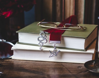 Manacled Dark Red Velvet Ribbon Bookmark: Silver Snake and Origami Crane Charms