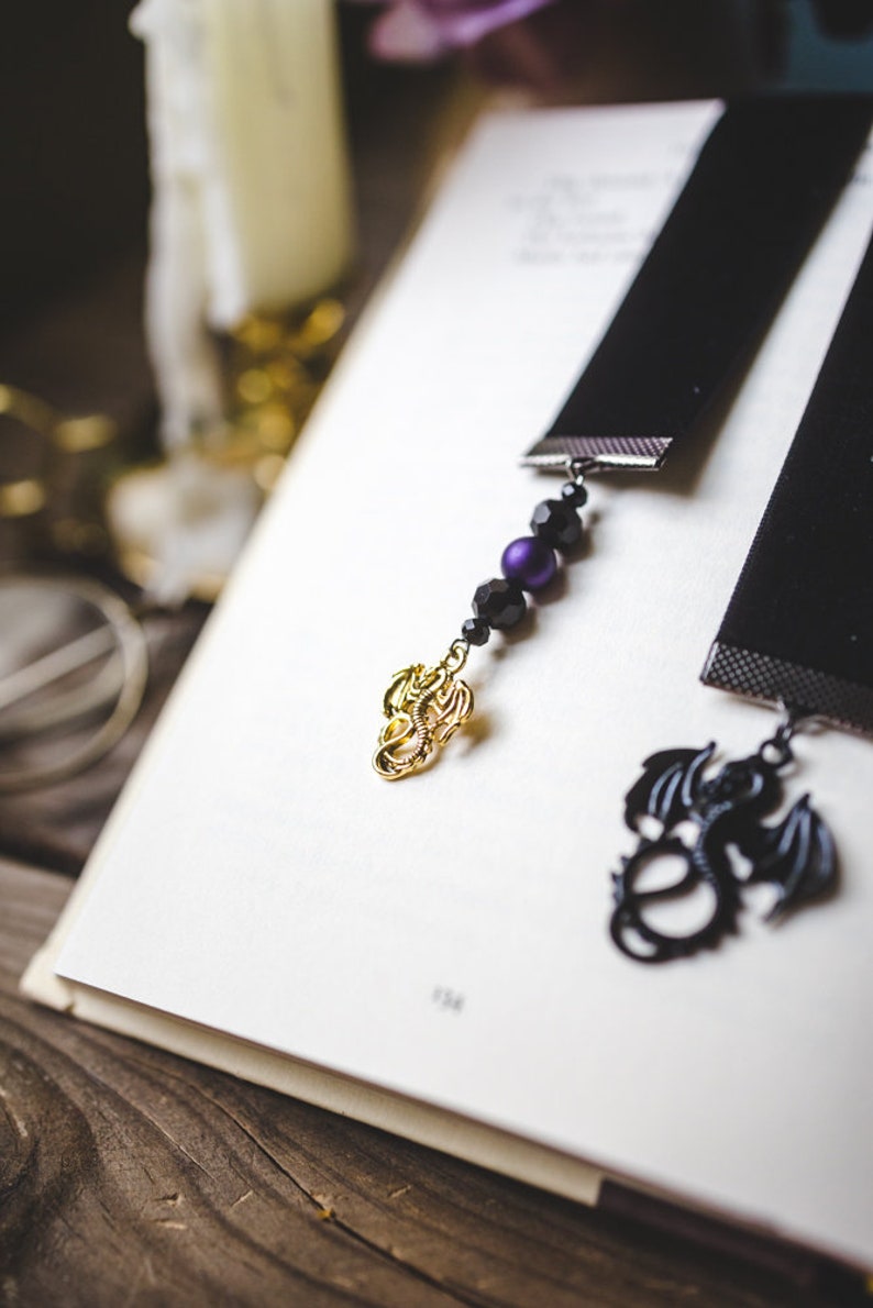 Tairn and Andarna, Black Velvet Ribbon Bookmark, Bookish Gift, Booklover Gift, Velvet Bookmark, Charmed Bookmark, Fourth Wing, Dragons image 3