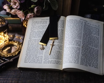Nesta Black Velvet Ribbon Bookmark: Mask and Sword Charms - Book Lover Gift
