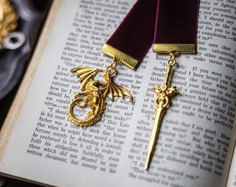 Velvet Ribbon Dragon Bookmark: Gold Sword Charm, Fantasy Book Accessory