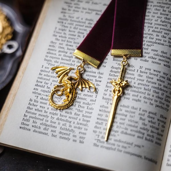 Velvet Ribbon Dragon Bookmark: Gold Sword Charm, Fantasy Book Accessory