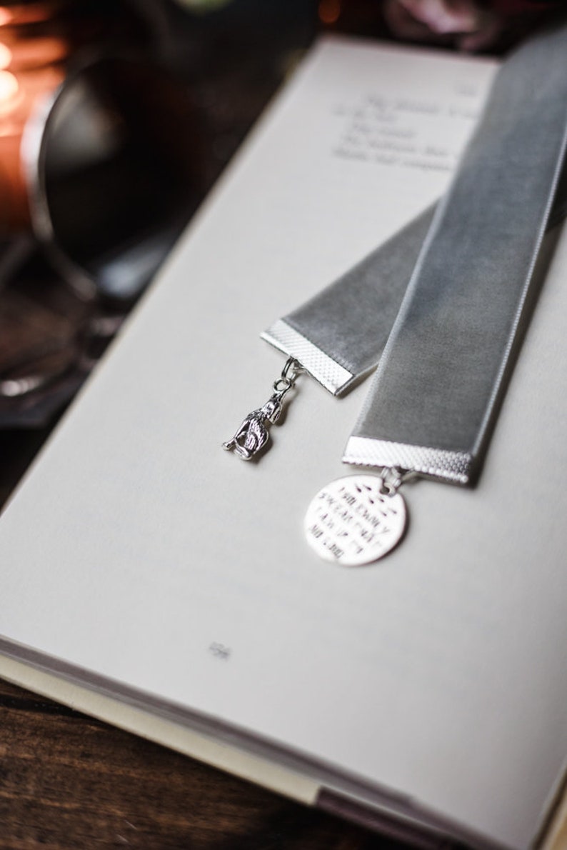 May include: A grey velvet bookmark with a silver charm attached. The charm features a small, detailed figure and a round disc with the text "I am envy, I am memory, And I am not, not real."