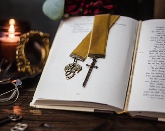 Dragon Bookmark: Antique Gold Velvet Ribbon, Bronze Sword Charm