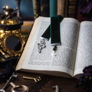 Draco Inspired, Snake Bookmark: Dark Green Velvet Ribbon, Silver Charm