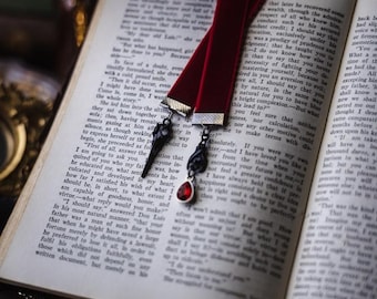Crow Skull Dark Red Velvet Ribbon Bookmark: Witchy Reader Gift