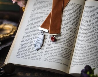 Ghost Bookmark: Burnt Orange Velvet Ribbon, Spooky Book Lover Gift