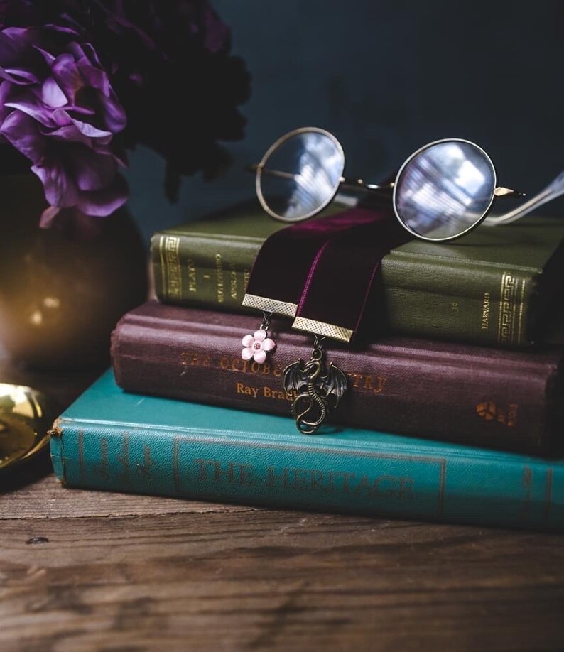 K&ouml;nnte beinhalten: Ein Stapel alter B&uuml;cher mit einem weinroten Samtlesezeichen mit einem Drachenanh&auml;nger und einem rosa Blumenanh&auml;nger. Runde Brillen liegen auf den B&uuml;chern. Eine Vase mit lila Blumen befindet sich im Hintergrund.