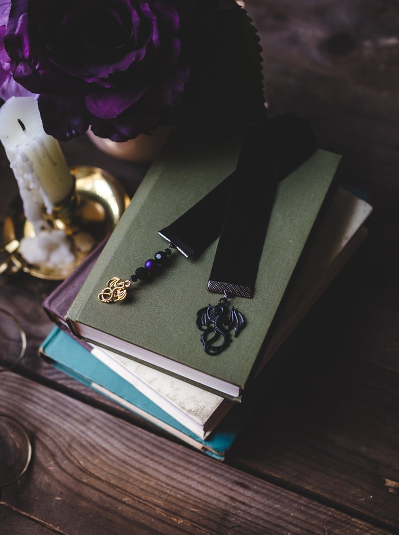 Tairn and Andarna, Black Velvet Ribbon Bookmark, Bookish Gift, Booklover Gift, Velvet Bookmark, Charmed Bookmark, Fourth Wing, Dragons image 2