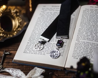 Witchy Velvet Bookmark: Pentagram, Raven & Moon Charms