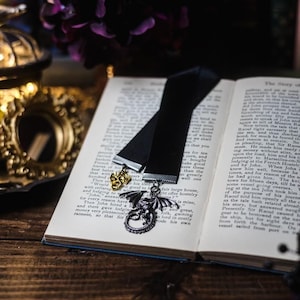 Fourth Wing Inspired Dragon Charmed Black Velvet Ribbon Bookmark