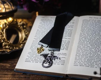 Fourth Wing Inspired Dragon Charmed Black Velvet Ribbon Bookmark