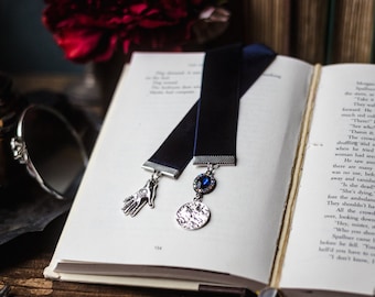 Feyre Dark Blue Velvet Ribbon Bookmark: Hamsa Hand and Jeweled Charms