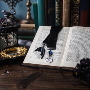 Illyrian Warriors Bookmark: Black Velvet Ribbon, Jeweled Charm, Bat Wing