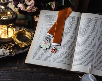 Ghost Bookmark: Orange Velvet Ribbon, Spooky Book Lover Gift
