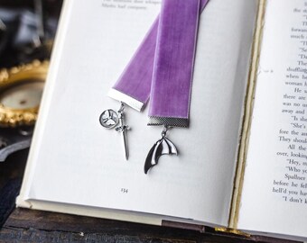 The Knight and the Moth Bookmark: Lavender Velvet Ribbon with Sword, Wing, & Moth Charms