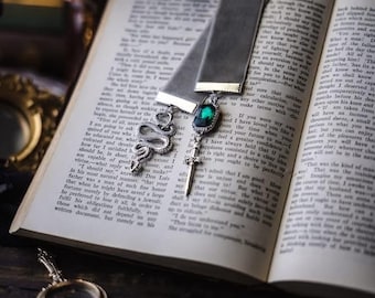 Gothic Snake Bookmark: Green Jewel, Dagger, Grey Velvet Ribbon