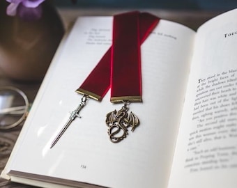 Manon | Dark Red Velvet Ribbon Bookmark with Charms| Bookish Gift |Book Lover Gift |Reader Gift |Velvet Bookmark |Charmed Bookmark| Abraxos