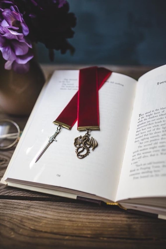 Manon Dark Red Velvet Ribbon Bookmark: Dragon and Sword Charms