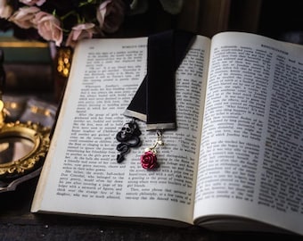 Alchemised Inspired Black Velvet Ribbon Bookmark - Snake, Skull & Rose Charms