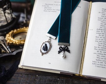 Witchy Crow Bookmark: Teal Velvet Ribbon with Crow Cameo, Bow and Pearl