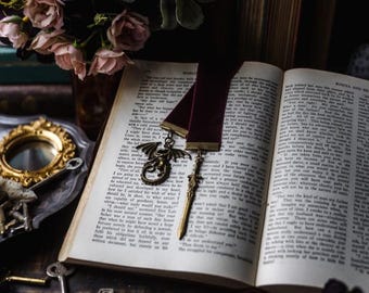 Dragon Bookmark: Velvet Ribbon, Bronze Sword Charm