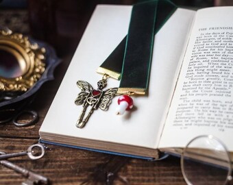 Whimsigoth Bookmark: Dark Green Velvet Ribbon, Skeleton & Mushroom Charm