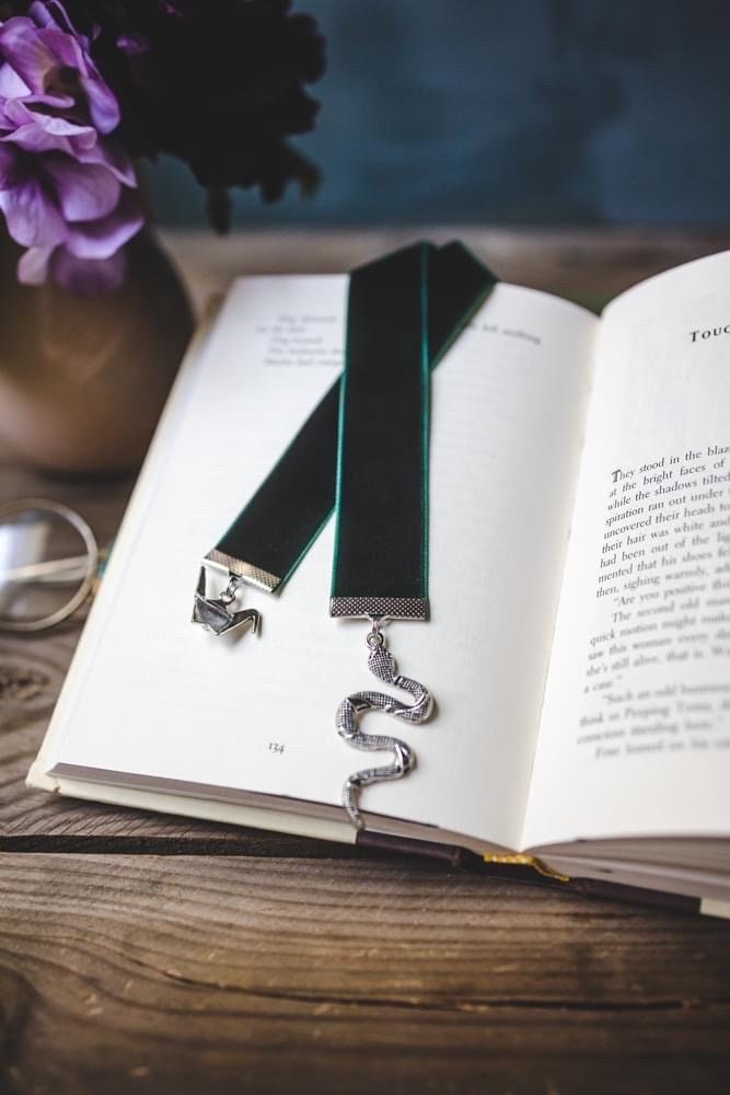 Manacled Dark Green Velvet Bookmark: Silver Snake and Origami Crane Charms, Dramione