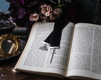 Knight and Moth Bookmark: Dark Blue Velvet Ribbon with Sword & Moth Charms